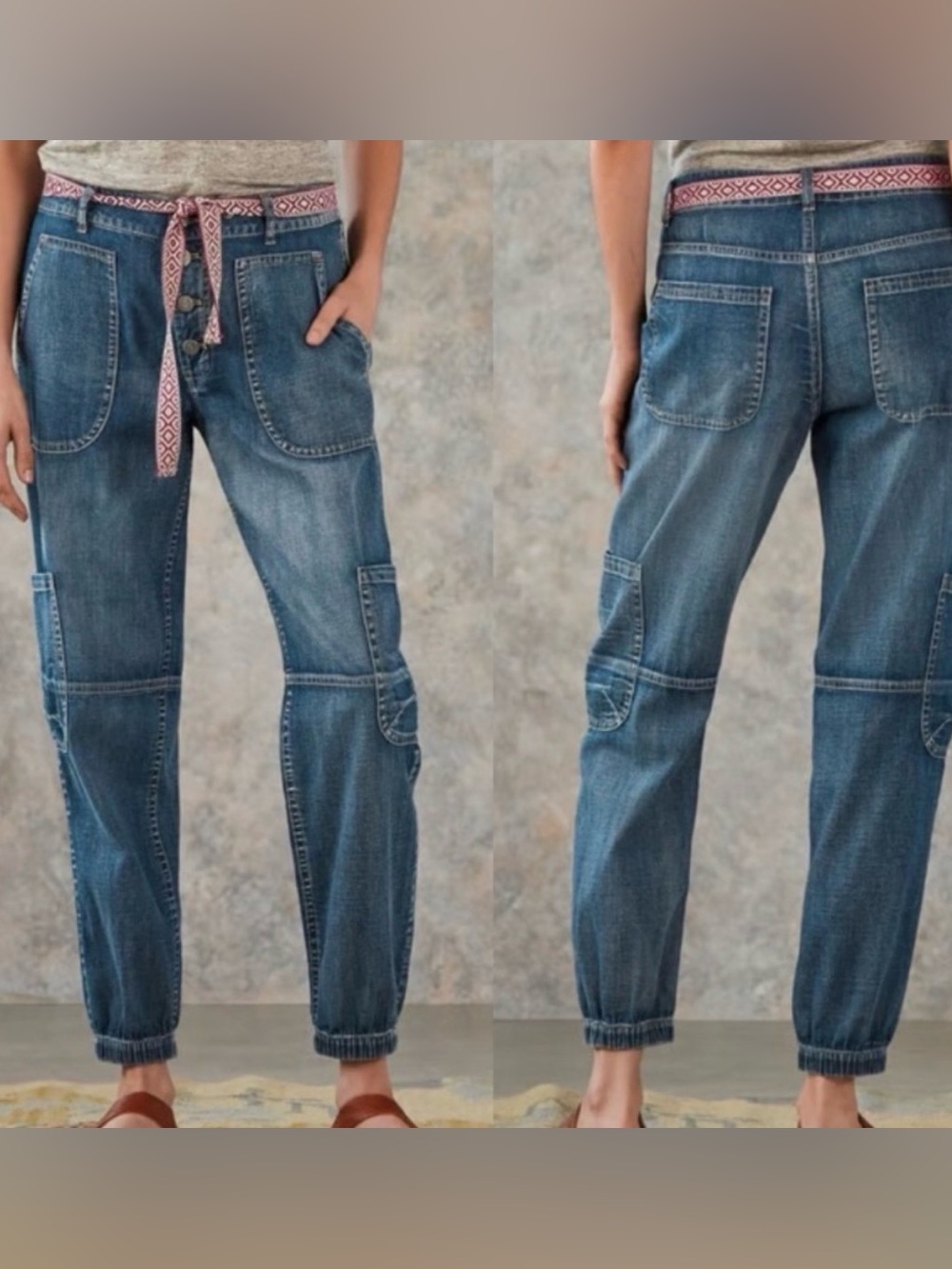 Sundance Jolienne Denim Cargo Joggers Medium Wash Button Fly Size 14 EUC